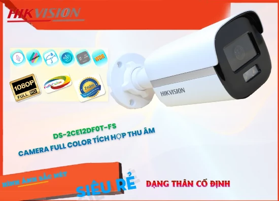  Camera DS-2CE12DF0T-FS Thu Âm FULL Color sản phẩm phù hợp lắp đặt tại nơi yêu cầu hình ảnh màu ban đêm có độ phân giải cao FULL HD 1080P  Hỗ trợ 4 chuẩn tín hiệu camera TVI/AHD/CVI/CVBS, có nút chuyển